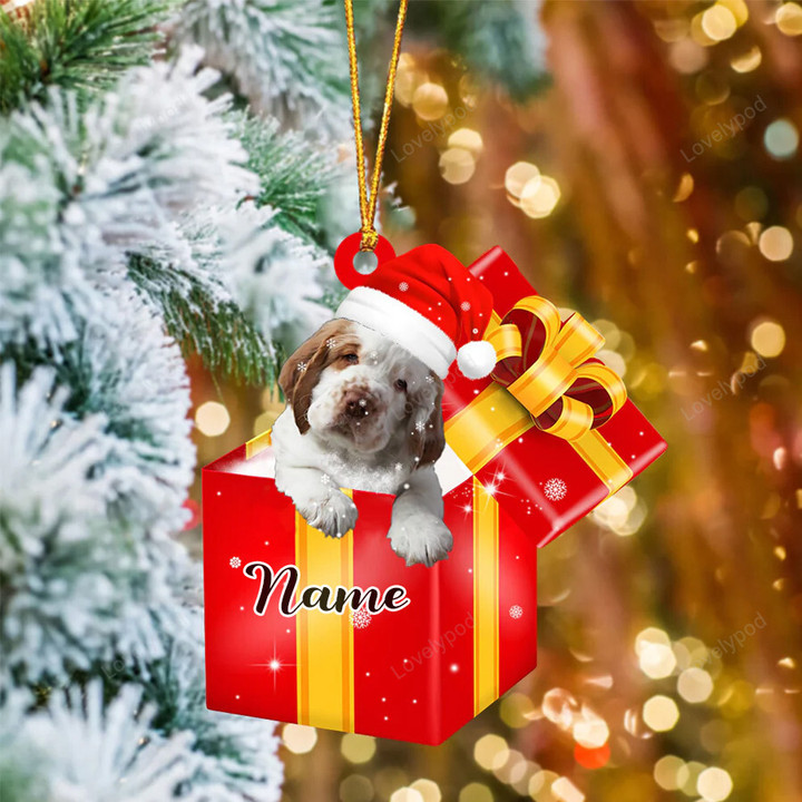 Custom name Clumber Spaniel In Red Gift Box Christmas Ornament Made by Acrylic