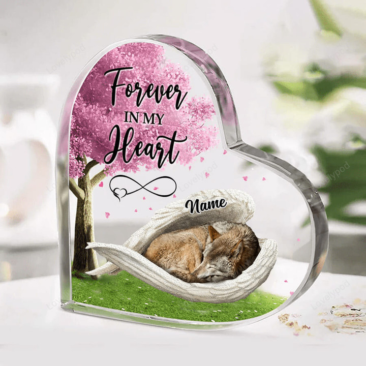 Wolf Sleeping angel wing Acrylic plaque, Forever in my heart plaque with name, Memorial gift for Wolf lover