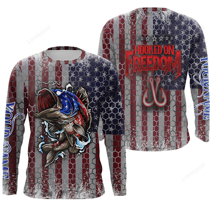 Bass Fishing American Flag Protection Custom Long Sleeve Fishing Shirts, Patriotic Fishing gifts Hooked on Freedom, Gift for fishing lover