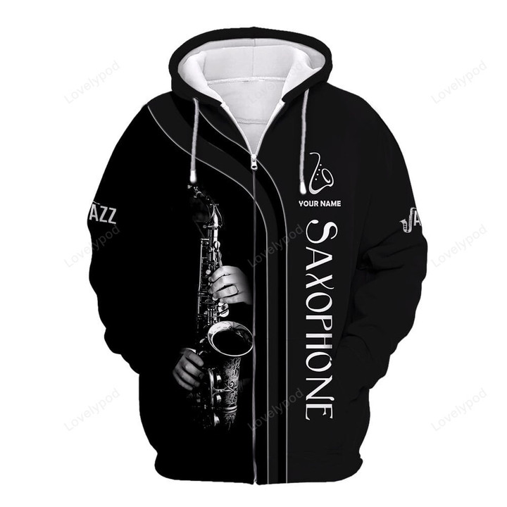 Personalized Name 3D Saxophone black zipper hoodie, Jazz Music Gift For Saxophone Lovers