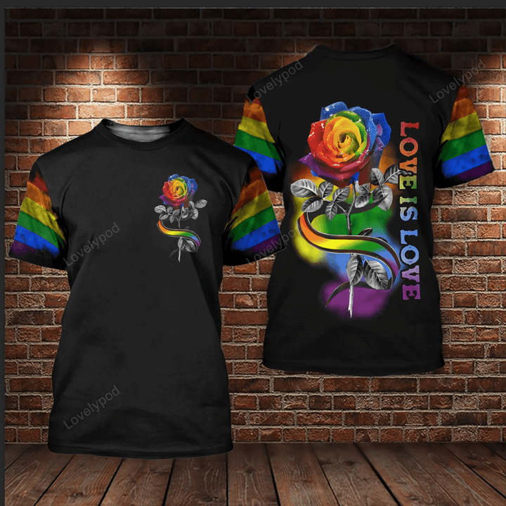 Lgbt T-Shirt Rainbow Lgbt Rose Love Is Love T-Shirt All Over Printed Hoodie Men Women Unisex