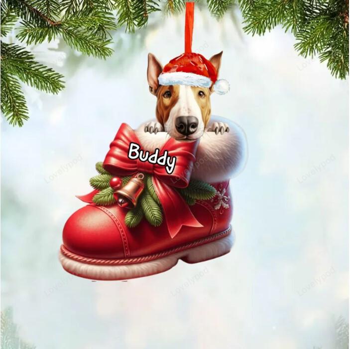 Personalized name Bull terrier Dog In Christmas Boot Acrylic Ornament