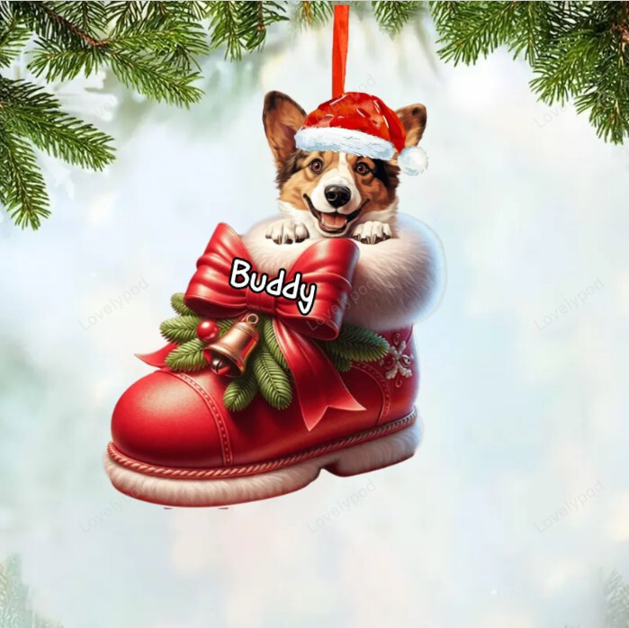 Personalized name Corgi Dog In Christmas Boot Acrylic Ornament