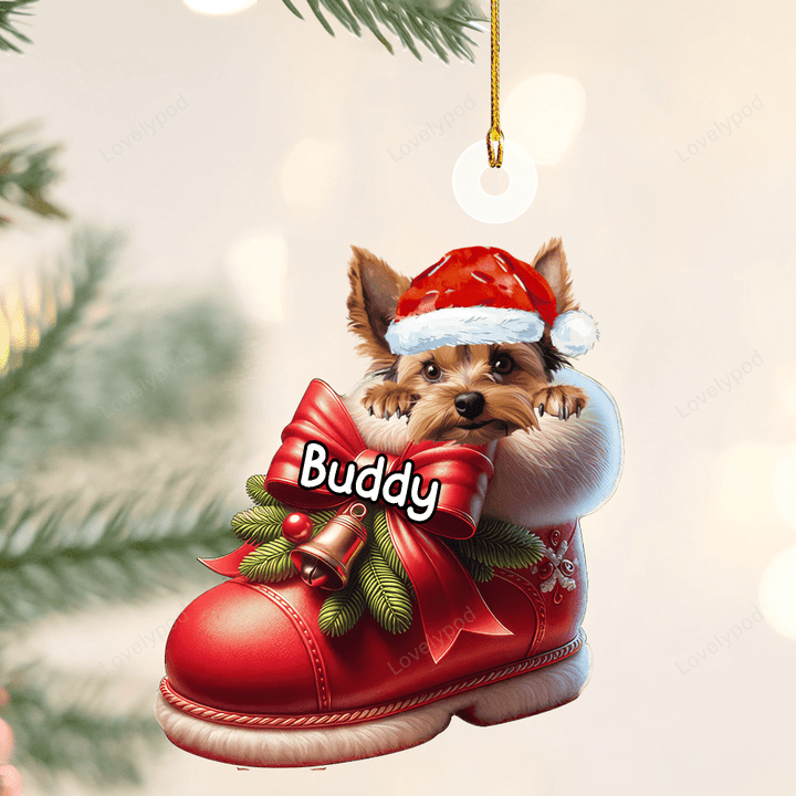Personalized name Yorkshire Terrier Dog In Christmas Boot Acrylic Ornament