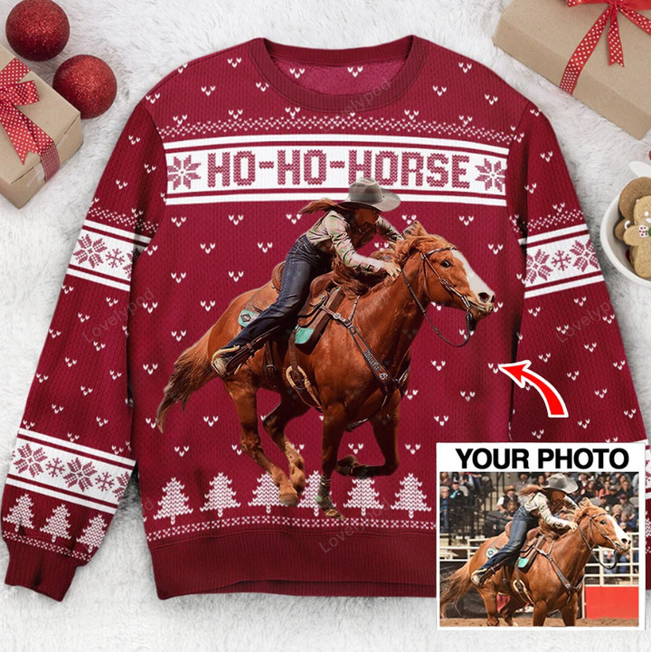 Custom Photo Horse Racing Ugly Christmas Sweater – Ho Ho Horse Gifts for Girls