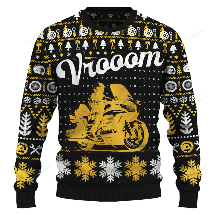 Vrooom Gold Wing Ugly Christmas Sweater multi color, Motorcycle ugly sweater, Motorcycle sweatshirt for men