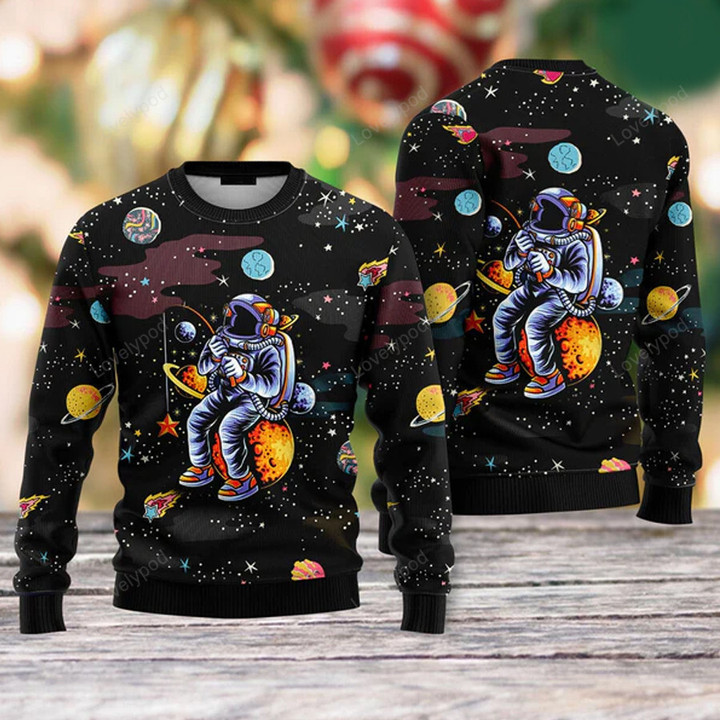 Funny Astronaut Fishing In Space Ugly Christmas Sweater For Men & Women