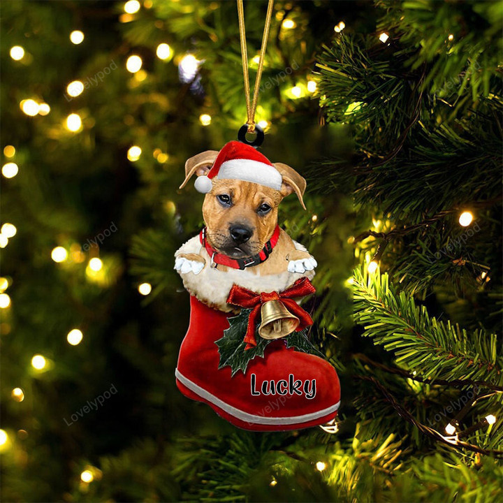 Custom Pitbull Boxer Mix In Santa Boot Christmas Ornament, Personalized Dog Flat Acrylic Ornament