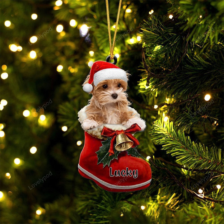 Custom Maltipoo In Santa Boot Christmas Ornament, Personalized Dog Flat Acrylic Ornament