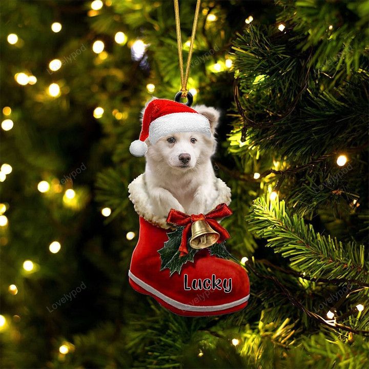 Custom Icelandic Sheepdog In Santa Boot Christmas Ornament, Personalized Dog Flat Acrylic Ornament