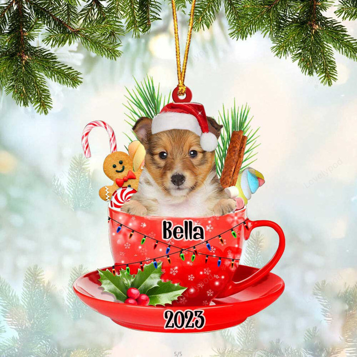 Shetland Sheepdog In Cup Merry Christmas Ornament, Customized Dog Flat Acrylic Ornament for Christmas Decor