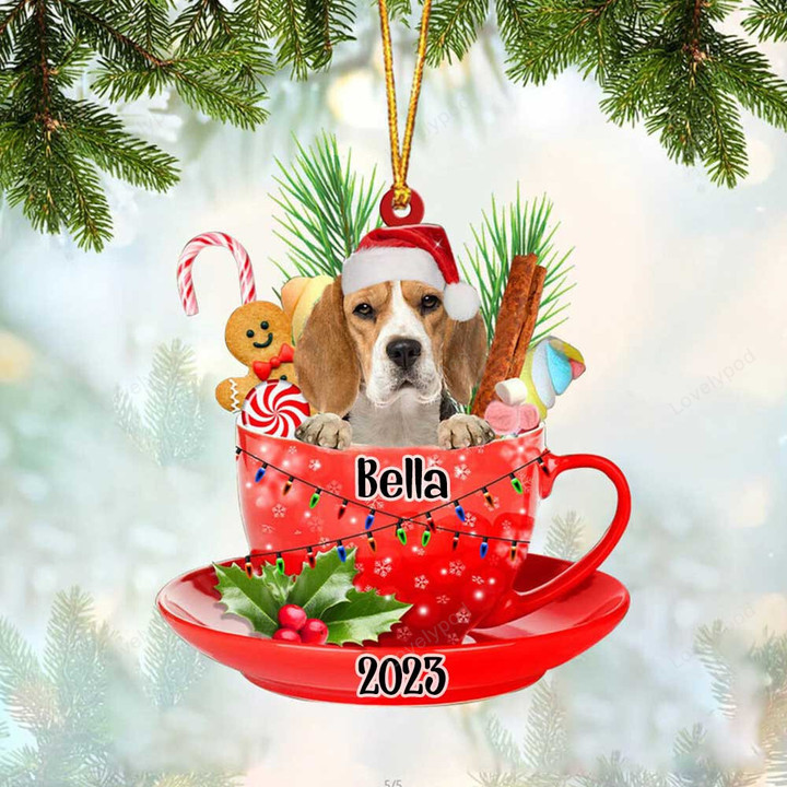 Beagle In Cup Merry Christmas Ornament, Customized Beagle Flat Acrylic Ornament for Dog Lovers, Dog Christmas Gift