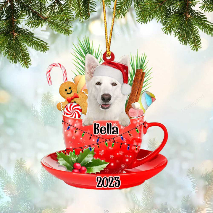 White German Shepherd In Cup Merry Christmas Ornament, Customized Dog Flat Acrylic Ornament for Christmas Decor