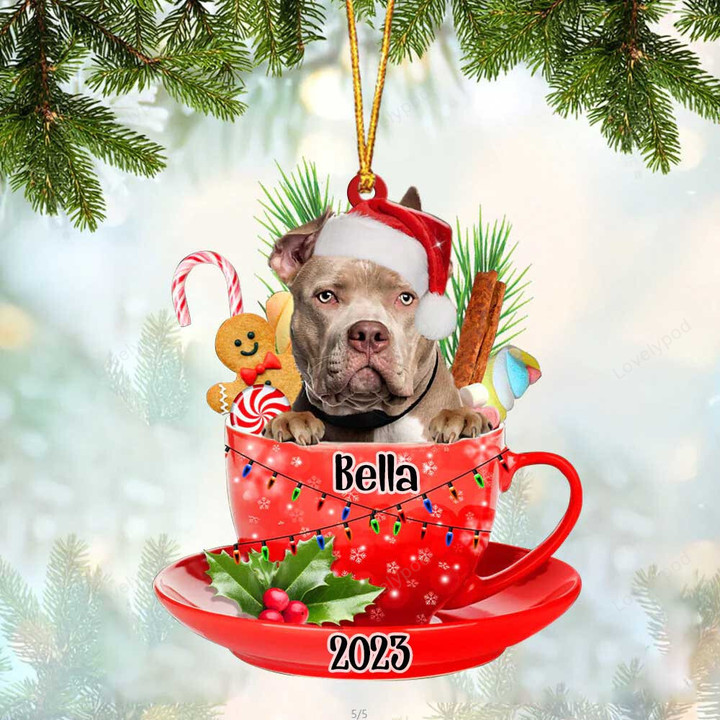 American Bully In Cup Merry Christmas Ornament, Customized Dog Flat Acrylic Ornament for Christmas Decor