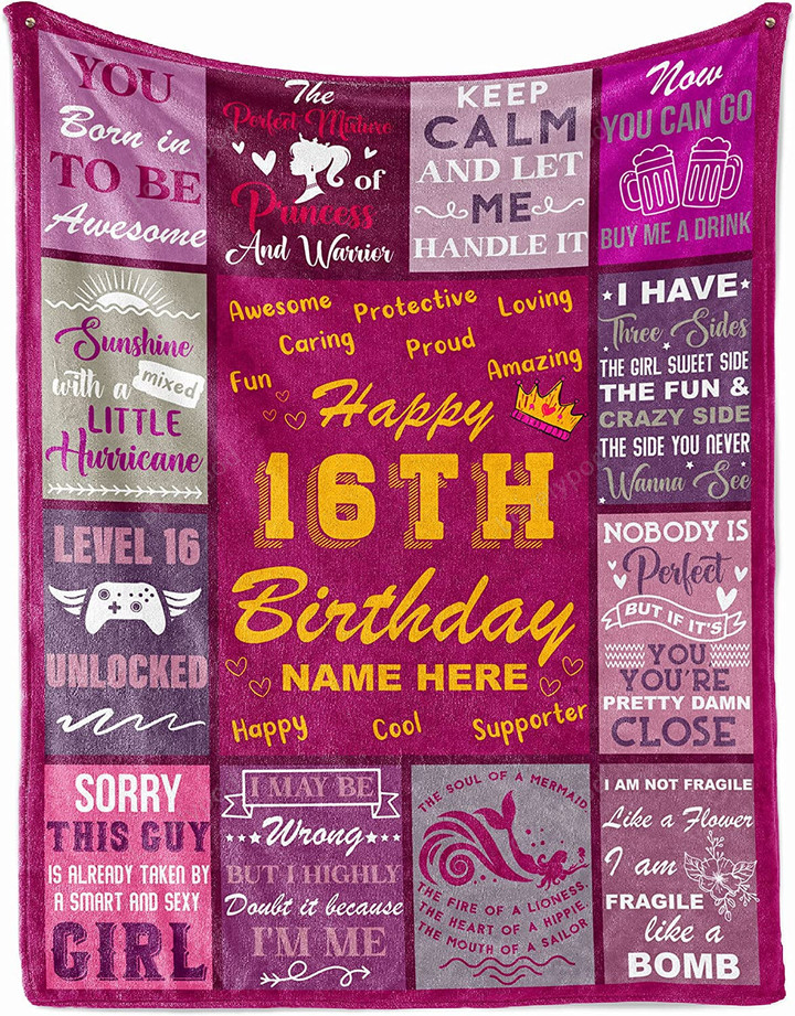 16Th Birthday Blanket Teenage Girl Customized Name Sweet 16 Bday Decorations Cozy Fleece Sherpa Throw Blankets Gift Birthdya Blanket