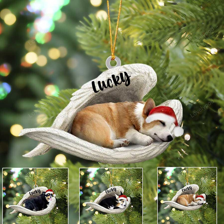 Personalized Memorial Corgi Sleeping Angel Christmas Flat Acrylic Dog Ornament Memorial Dog Gift
