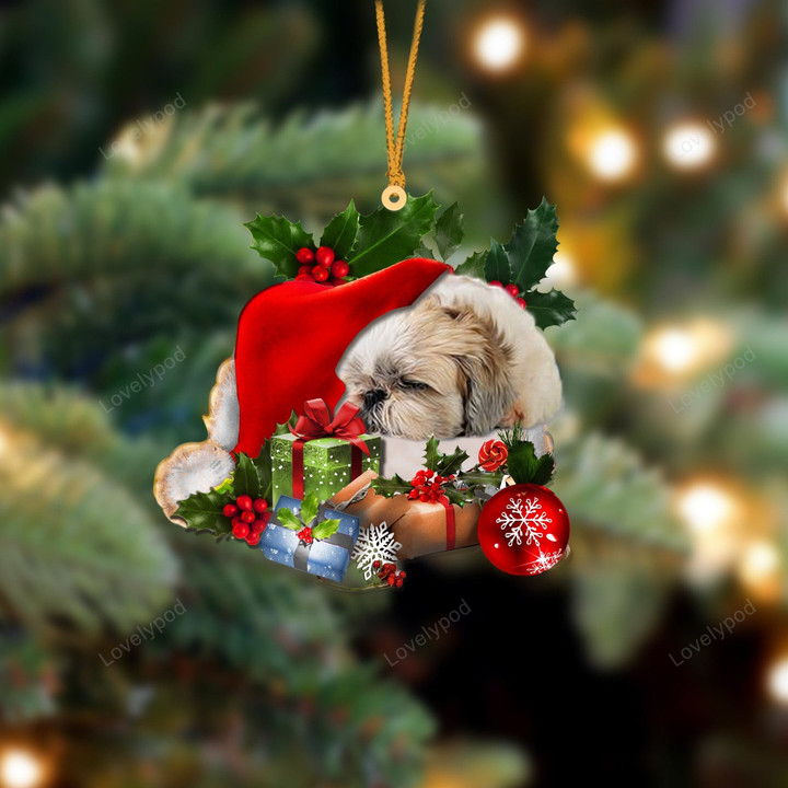 Shih Tzu Sleeping In Hat Christmas Ornament Two Sided