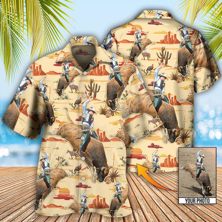 Cowboy Bull Riding Tropical Custom Photo Hawaiian Shirt, Personalized Hawaiian Shirt, Cowboy Shirt
