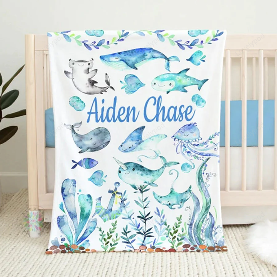 Sea Animals Baby Boy Name Blanket, Under The Sea Blue Green Whale Shar ...