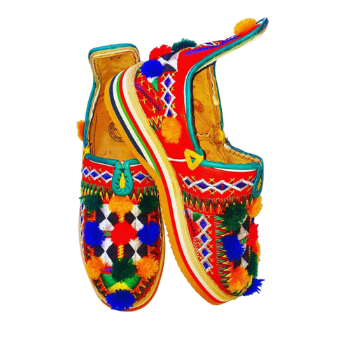 Moroccan Berber slippers, Women Pom Poms leather shoes, Amazigh embroidered Babouche,
