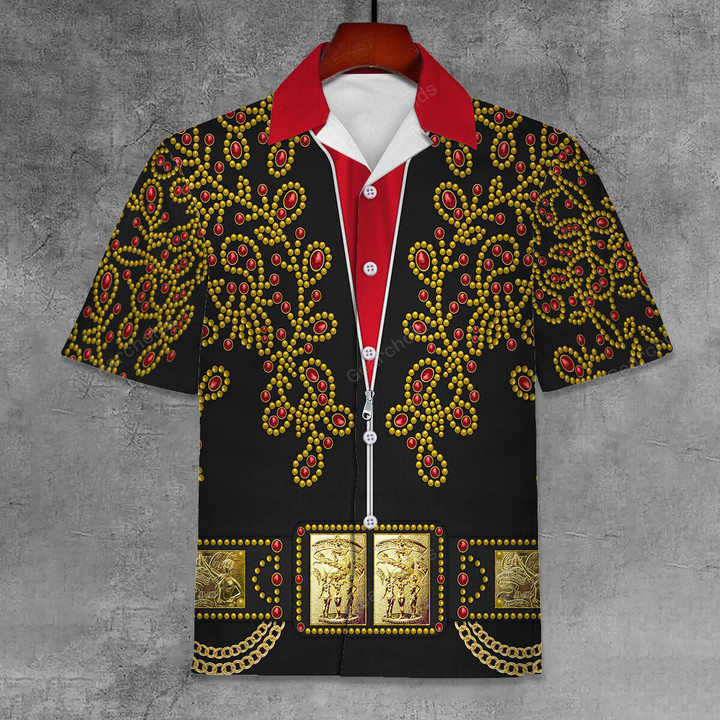 Gearchoids Elvis Spanish Flower - Black With Red Stones Unisex Hawaii Shirt
