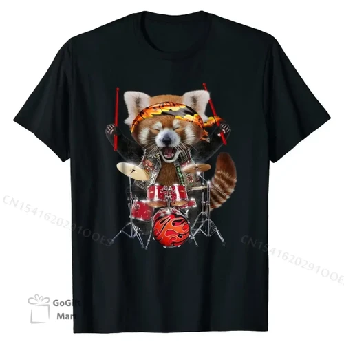 Punk Red Panda Play Drum in Heavy Metal Band - T-Shirt Europe Top T-shirts for Men Cotton Tops & Tees Personalized Classic