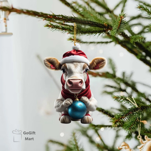 Acrylic Funny Christmas Cow With Balls Christmas Tree Hanging Ornament 2d Pendants For Christmas Tree Decoration Party Supplies