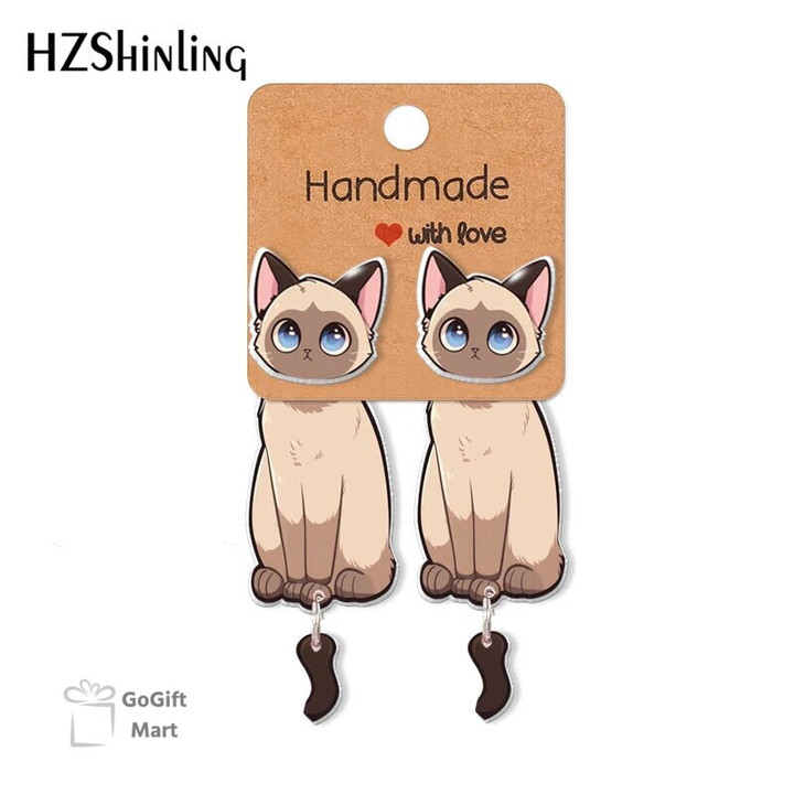 Cute Siamese Cat Acrylic Stud Clip Earrings Stud Earrings Resin Epoxys Ear Jewelry