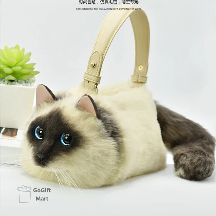 Fashion Women's Siamese Cat Handbags Cute Kawaii Faux Fur Crossbody Bags Wallet Purse Plush Chain Shoulder Bag Lady Handbag