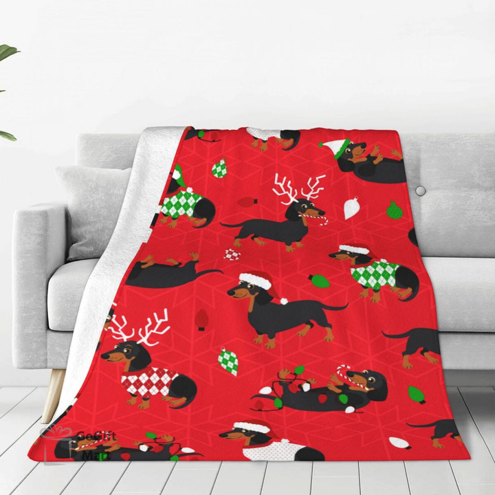 Christmas Dachshunds Red Blankets Flannel Spring/Autumn Dog Portable Ultra-Soft Throw Blanket for Bedding Bedroom Bedspread