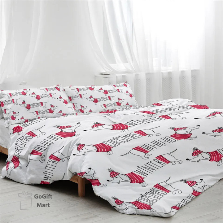 BlessLiving Christmas Duvet Cover Set Dachshund Comforter Cover Cute Dog Red White Bedclothes Cartoon Puppy Bedding Set Dropship