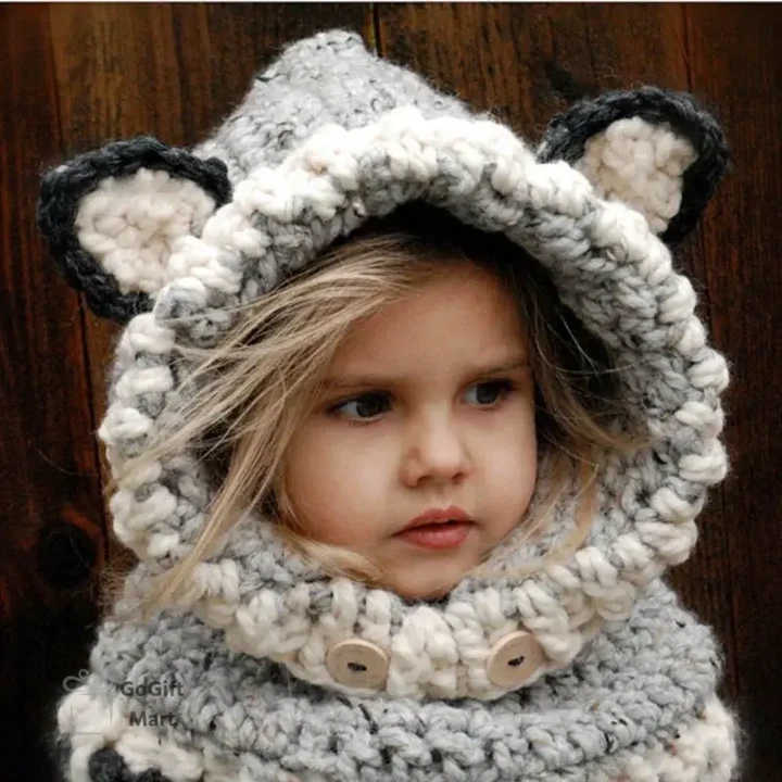 Winter Kids Fox Ears Handmade Beanie Hat Scarf Sets for 1~10 Year Old Children Girls Scarves