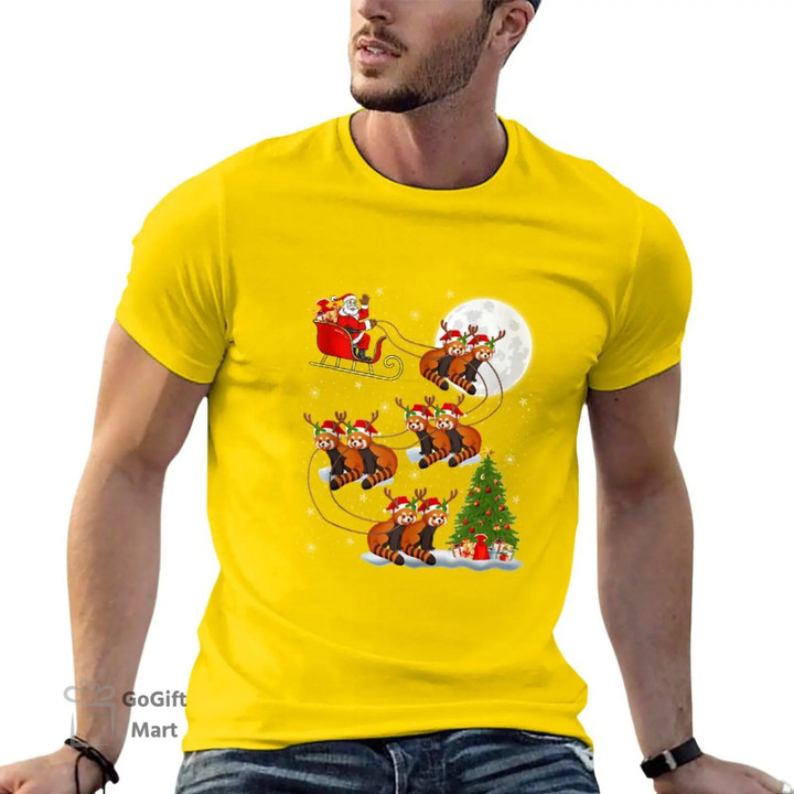 Funny Xmas Lighting Tree Santa Riding Red Panda Christmas T-Shirt korean fashion custom t shirts black t-shirts for men
