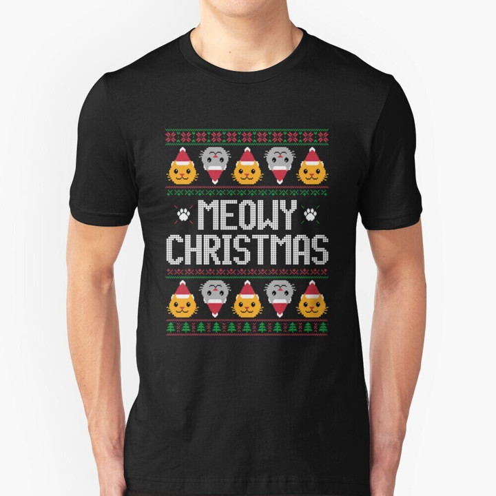 Ugly Christmas Sweater - Cat T Shirt Round Collar Short Sleeve T-Shirts Cat Elf Meowy Christmas Xmas Merry Happy Cute Winter