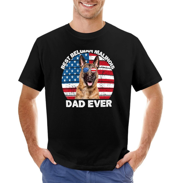 Mens Belgian Malinois Dad American Flag Belgian Shepherd Dog Men T-Shirt