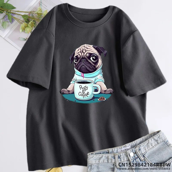 Pugs and Coffee Graphic T Shirts Funny Dog Lover T-shirt Summer Cotton Short Sleeve Tshirt Woman Clothes