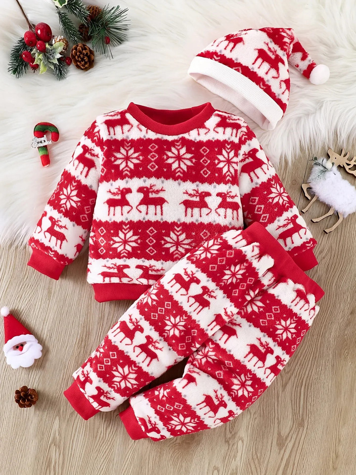 Winter Baby Flannel Suit Boys Girls Long Coat and Trousers Three-piece Christmas Style Cozy and Warm