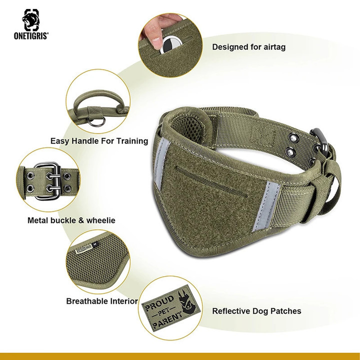 OneTigris Tactical Nylon Dog Collar Padded Collar Adjustable Military Heavy Duty Collar Metal Buckle with Control Handle for Dog