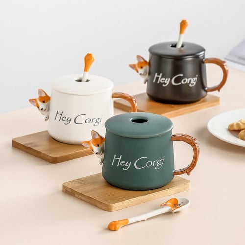 Cute Corgi Ceramic Coffee Mug Comes with Lid Spoon