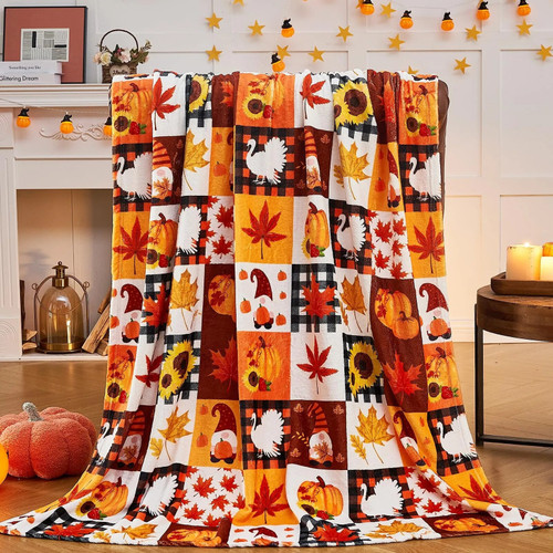 Pumpkin Plaid Blankets Thanksgiving Halloween Theme 3D Printed Throw Blanket Thin Flannel Quilts Air Condition Quilt