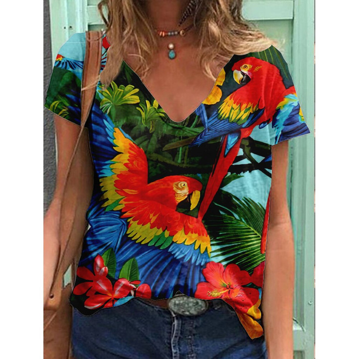 Women T-Shirt Parrot Print Tee Urban Casual V-Neck Ladies Plus Size Loose Pullover