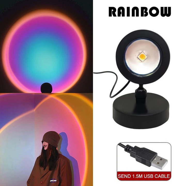 1x USB Sunset Lamp LED Rainbow Neon Night Light Projector Photography Wall Atmosphere Lighting for Bedroom Home Room Decor Giftt Projector for Kids Bedroom,Chill Vibe Ambiance Lamp to Any Room Office.