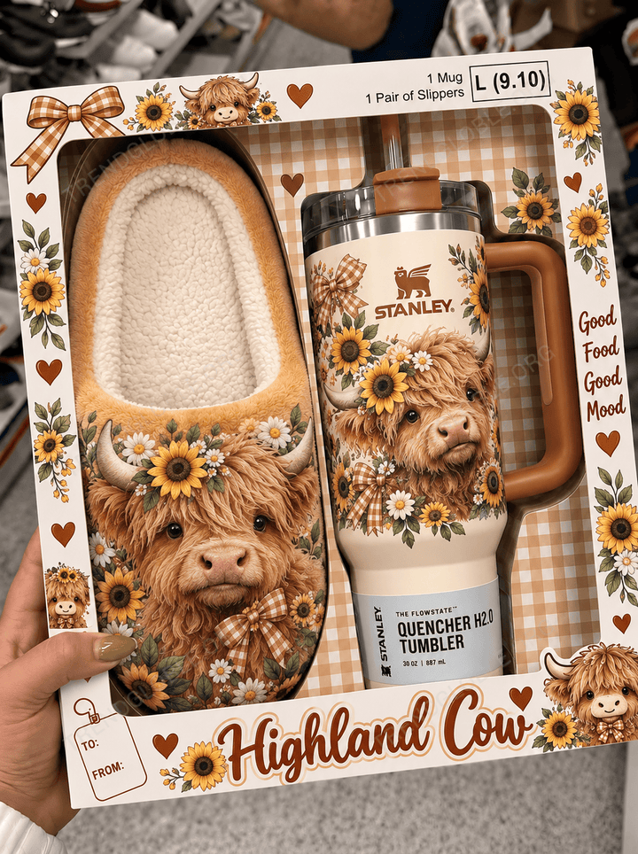 Combo Highland Cow Plush Slipped & Tumbler NDK05