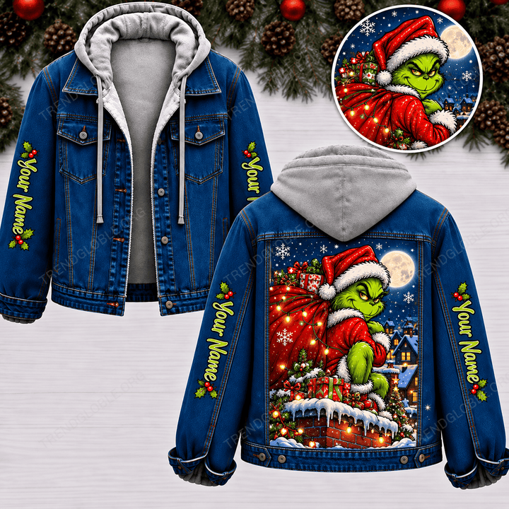 Grinch Custom Name Eeyore Designed Hooded Denim Jacket HK3