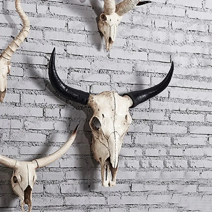 Resin 3D Animal Wildlife Horns Sculpture Longhorn Cow Skull Head Wall Decoration 3D Horns Sculpture Figurines Crafts