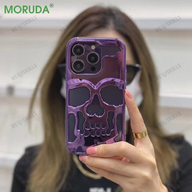 Luxury Skull Cutout Phone Case for iPhone 13 ProMax 14 12 11 Pro Max 14 Plus 3D Plating Shockproof Hard Cover Personalized Case
