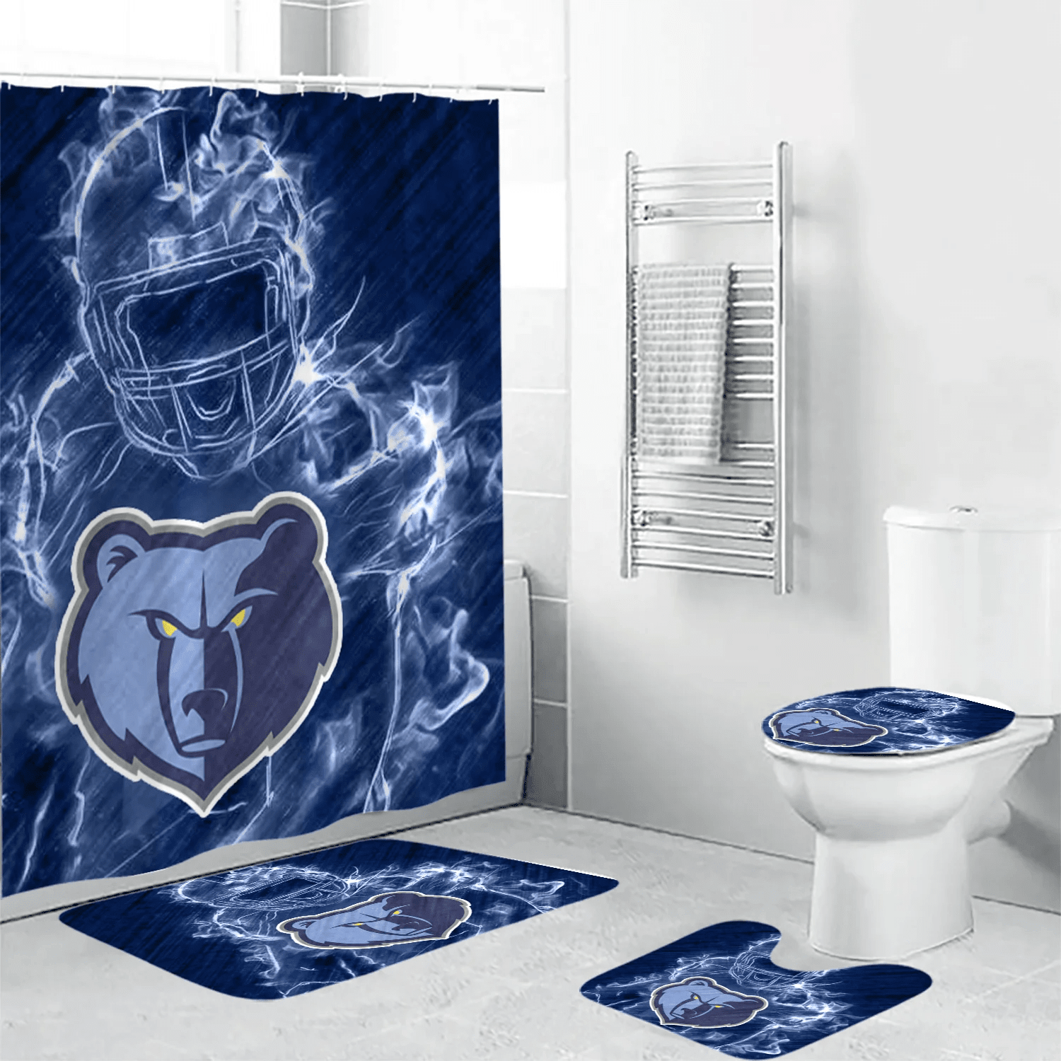 Memphis Grizzlies Legend Shower Curtain Non-Slip Toilet Lid Cover Bath Mat - Bathroom Set Fans Gifts