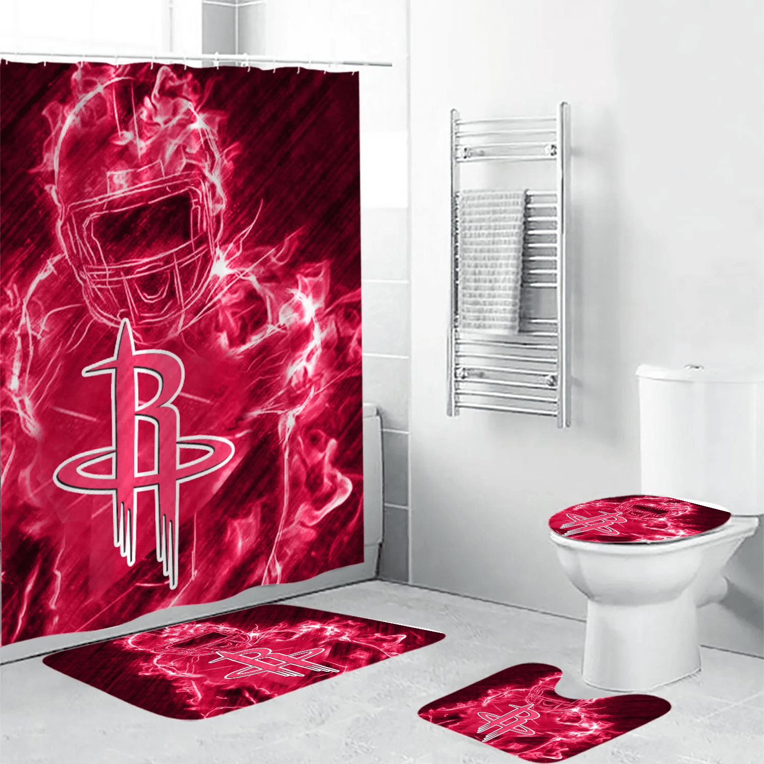 Houston Rocket Legend Shower Curtain Non-Slip Toilet Lid Cover Bath Mat - Bathroom Set Fans Gifts