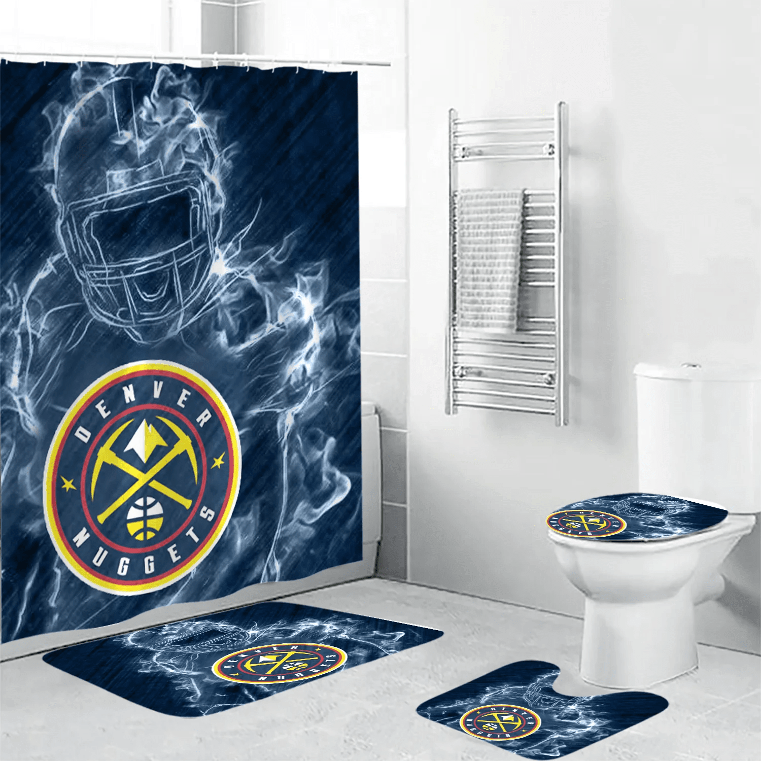 Denver Nuggets Legend Shower Curtain Non-Slip Toilet Lid Cover Bath Mat - Bathroom Set Fans Gifts