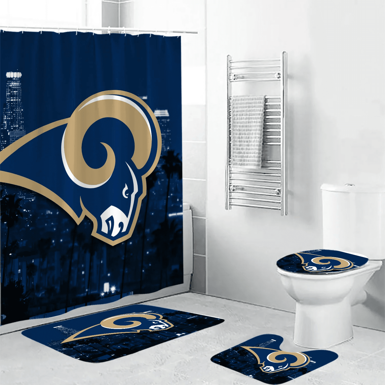 Los Angeles Rams City Shower Curtain Non-Slip Toilet Lid Cover Bath Mat - Bathroom Set Fans Gifts